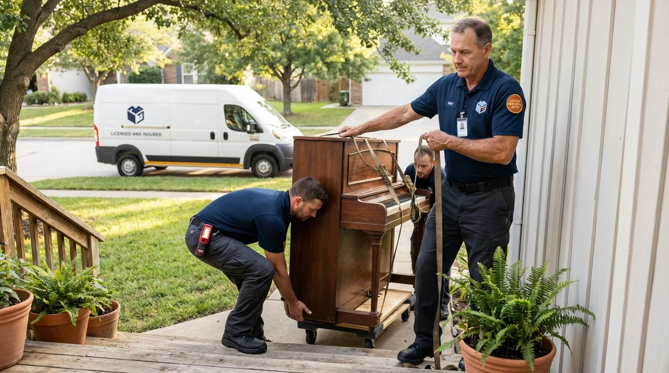 Licensed piano movers securing grand piano in Gretna, NE