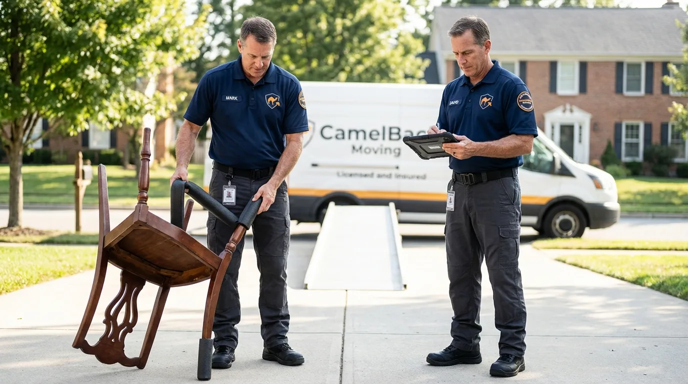 Movers inspecting furniture for damage prevention before loading in Gretna, NE