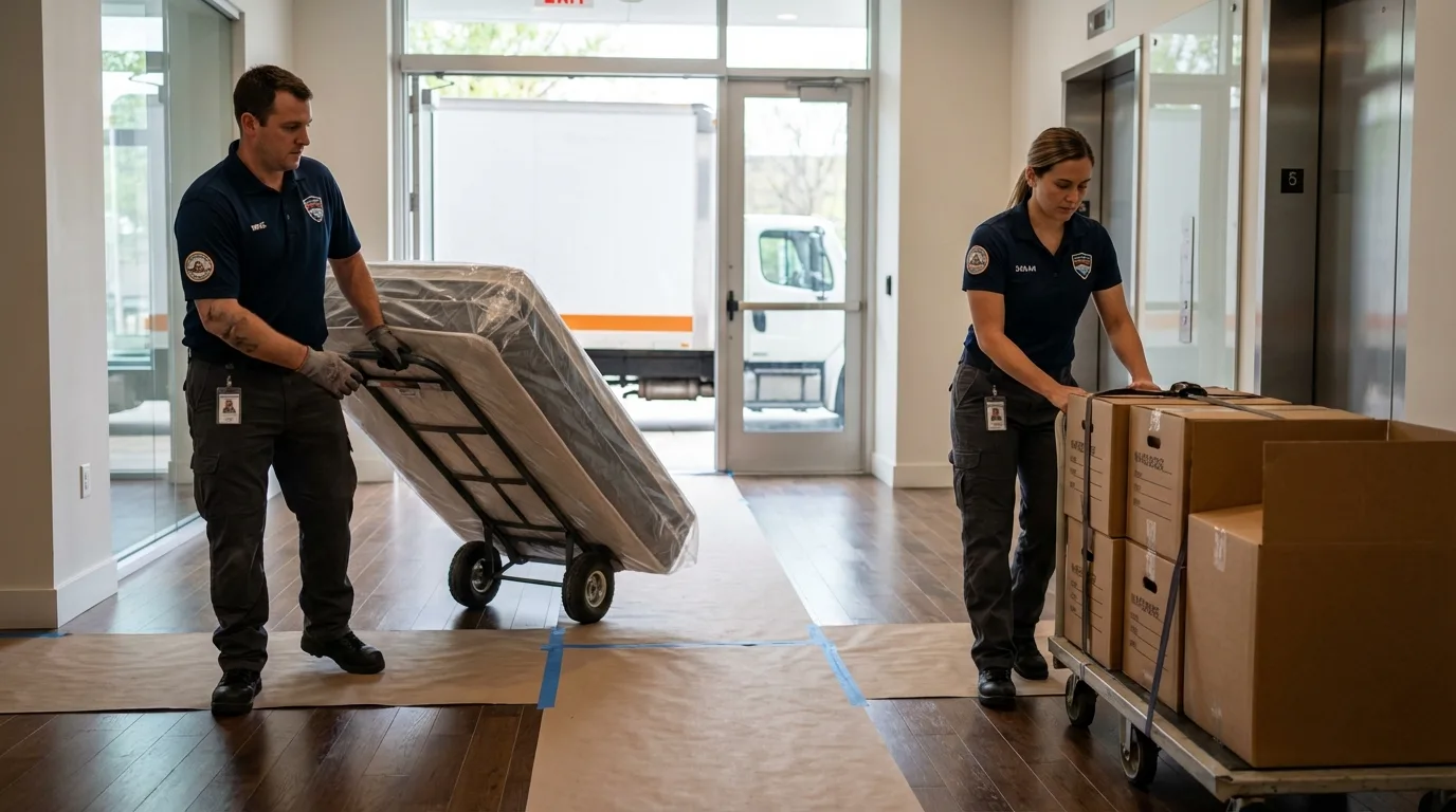 Professional apartment movers loading elevator in Gretna, NE